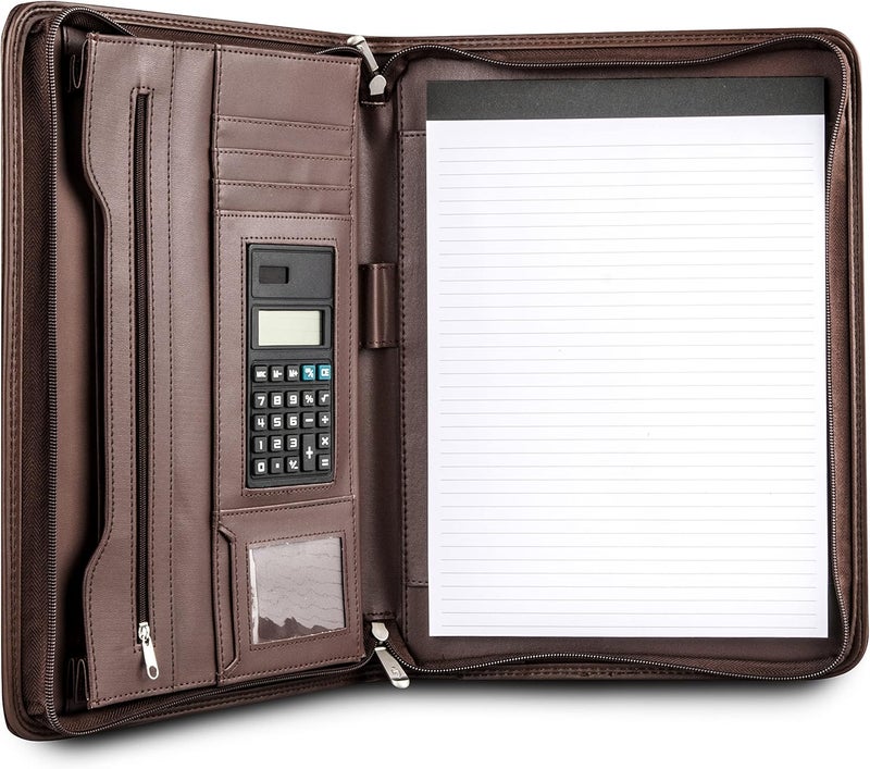 COSSINI Premium Business Portfolio with Zipper – Padfolio - Superior Business Impressions Begin with PU Vegan Leather, 10.1 Inch Tablet Sleeve, Smart Storage, Solar Calculator, Writing Pad -Brown - Image 1